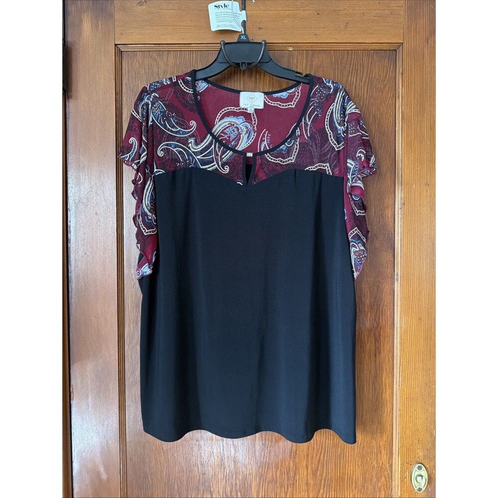 727 Trend Plus Women’s Pullover Top Blouse Short Sleeve Size 2x Black Paisley